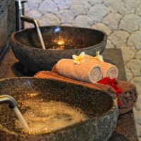 The beautiful double sink in the bathroom of the holiday villa in Bali.