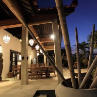 The terrace of the holiday villa in Bali at night.