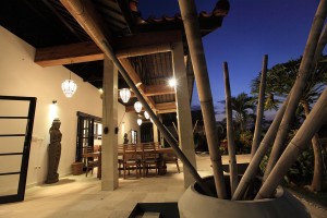 The terrace of the holiday villa in Bali at night.