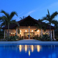 Front view of the villa in Bali at night.